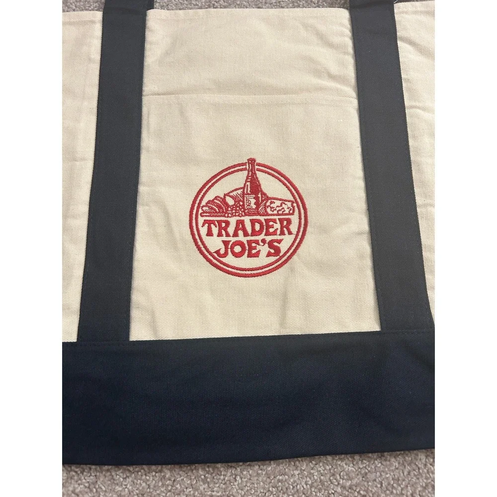 Trader Joe's Reusable Tote Bag Unisex Large Navy Blue Cream NEW Canvas Grocery
